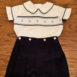 LE ZA ME Smocked Navy Corduroy Boys Button On Short Set